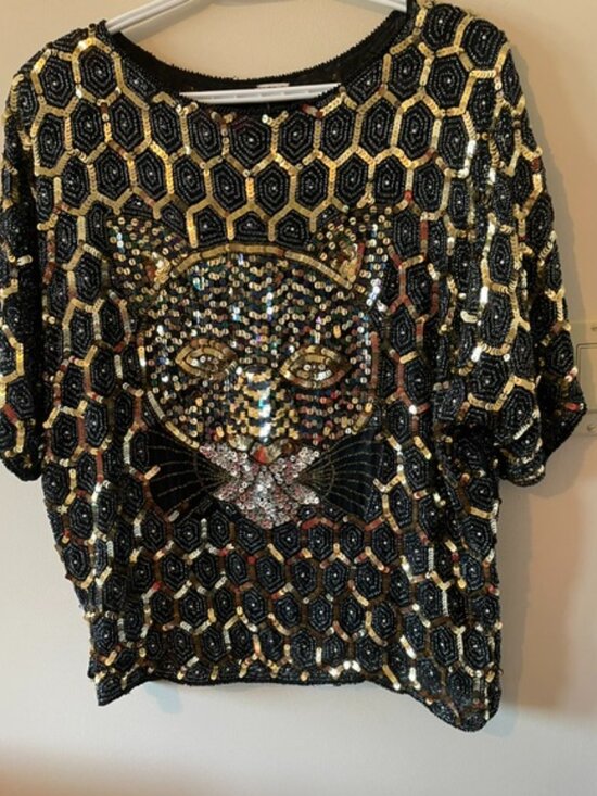 Tops - Exquisite VTG Black/Gold Sequins, beads /silver threads Top w Sequin Tiger S L